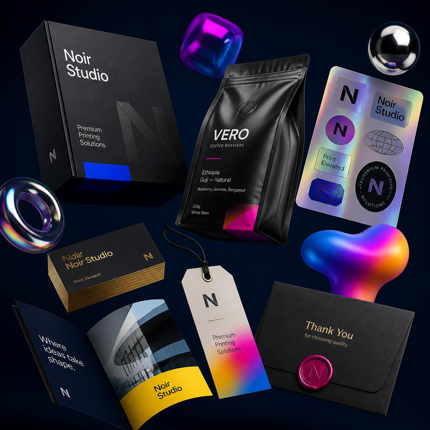 Printmatte premium product showcase — packaging box, coffee pouch, holographic stickers, gold-edge business cards, hang tag and thank-you card